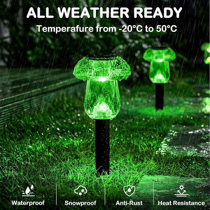Solar Halloween Lights Outdoor 8 Pack Green Garden Mushroom Decor | LED Waterproof Halloween Decorations for Pathway Yard Outside Driveway Walkway Path Landscape Lawn Lighting, Auto On/Off