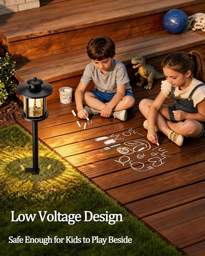 LITFIT Low Voltage Landscape Lighting, 12V 3.4W 155LM 3000K Outdoor Path Lights with Connectors, Crackled Shade, ORB Finish, Waterproof Aluminum LED Walkway Light Wired for Garden Yard, 4 Pack