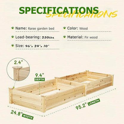 8FT Wooden Raised Garden Bed - Elevated Planter Box for Vegetables, Flowers - Natural Outdoor Planting Kit for Patio, Yard, Backyard