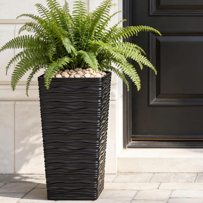 Worth Garden 2-Pack Black Tall Planter - Plastic Square Tapered Tree Plant Pots with Drainage Hole for Indoor Outdoor - 22" H Modern Wavy Finish Decorative Flower Pots for Front Porch Patio Deck