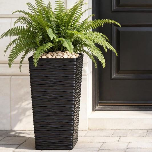 Worth Garden 2-Pack Black Tall Planter - Plastic Square Tapered Tree Plant Pots with Drainage Hole for Indoor Outdoor - 22" H Modern Wavy Finish Decorative Flower Pots for Front Porch Patio Deck