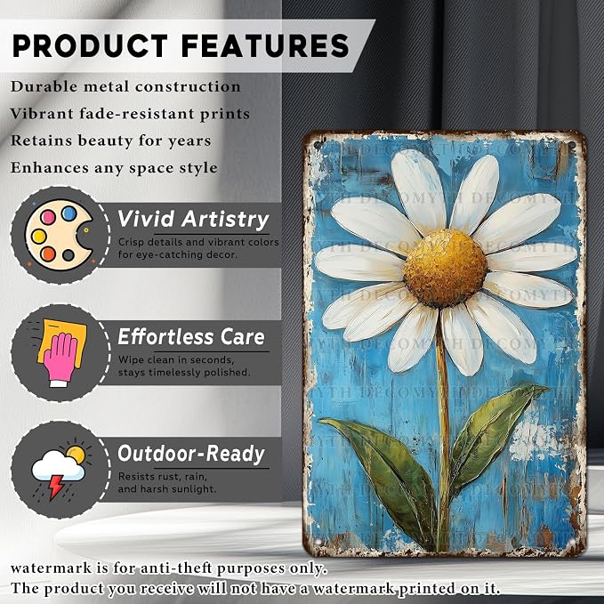 Vintage Daisy Flower Tin Sign Retro Garden Metal Poster Funny Wall Art Cafe Office Home Bar Plub Club Shop Toilet Indoor Man Cave Farmhouse Accessories Bathroom Farm Garden Plaque 12 * 8inch