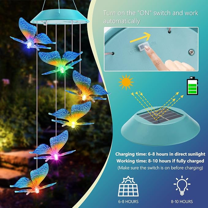 Solar Butterfly Gift for Mom Girls, Color Changing Wind Chimes for Outside, Solar Outdoor Decorative Mobile Lights for Garden, Yard, Patio, Window, Christmas Decorations, Gift for Women