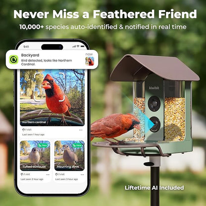 Kiwibit Smart Bird Feeder with 4K AI Camera Solar Powered, No Subscription | Lifetime AI Identification Bird Species, 4K Live Stream, 8MP Photos, Real-Time Bird Visit Alert, Backyard Birdwatching Gift