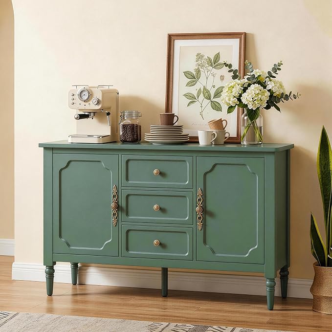 RoyalCraft Buffet Cabinet with 2 Doors & 3 Drawers, Vintage Sideboard with Storage, Painted Coffee Bar Table with Solid Wood Legs, Ideal for Kitchen, Living Room, Dining Room, Green