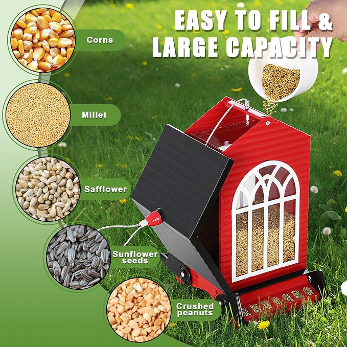 Gbekery Squirrel Proof Bird Feeder for Outdoors,5LB Large Capacity,Metal Wild Bird Seed Feeder with Bilateral Weight-Activated Perches for Outside Hanging,Finch,Cardinal,Blue Jay,Garden Decoration,Red