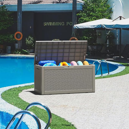 NUNU LAB 100 Gallon Large Waterproof Resin Deck Box, Lockable Outdoor Storage Box with Gas Lift, Patio Cushions, Garden Tools, Pool Supplies, Indoor Outdoor Storage Container, Grey
