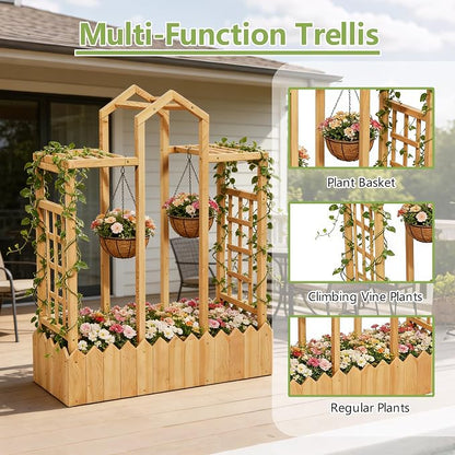 Raised Garden Bed with Trellis, Wood Elevated Planter Box with Trellis and Hanging Roof, Freestanding Outdoor Garden Planter for Flowers Herbs Climbing Vines