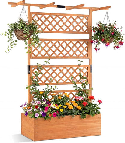 Giantex Raised Garden Bed with Trellis, 72'' Wooden Planter Box Outdoor w/Privacy Screen Roof, Large Vertical Garden Planter w/Drainage Holes for Climbing Plants, Patio Balcony Backyard