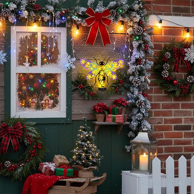 Metal Bee Outdoor Wall Decor with 30 Led Solar Lights- 13.8" Outdoor Fence Wall Art Decor, Gift for Mom Grandma Women Birthday Gardening,Hanging Decoration for Garden Patio Porch Yard