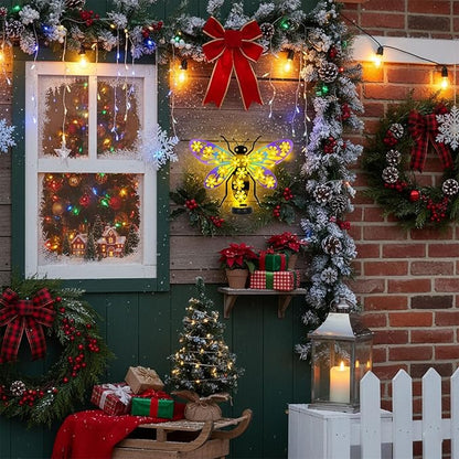 Metal Bee Outdoor Wall Decor with 30 Led Solar Lights- 13.8" Outdoor Fence Wall Art Decor, Gift for Mom Grandma Women Birthday Gardening,Hanging Decoration for Garden Patio Porch Yard