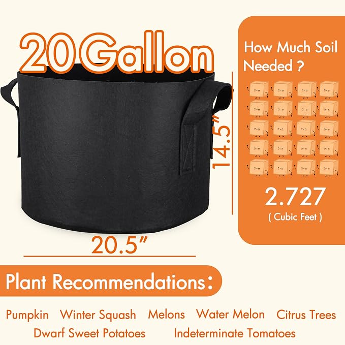 Gardzen 10-Pack 20 Gallon Grow Bags, 300G Thickened Fabric Grow Bags with Handles, Heavy Duty Aeration Plant Grow Bags