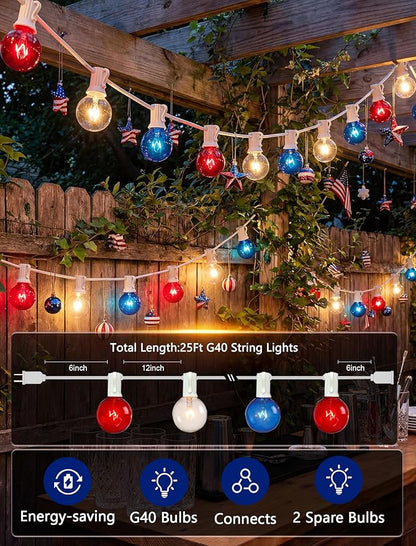 4th of July Decorations String Lights, 25Ft Outdoor Patio String Lights with 27 G40 Red White and Blue Light Bulbs(2 Spare), Independence Day Lights for Patriotic Party Garden Festival Decor- White