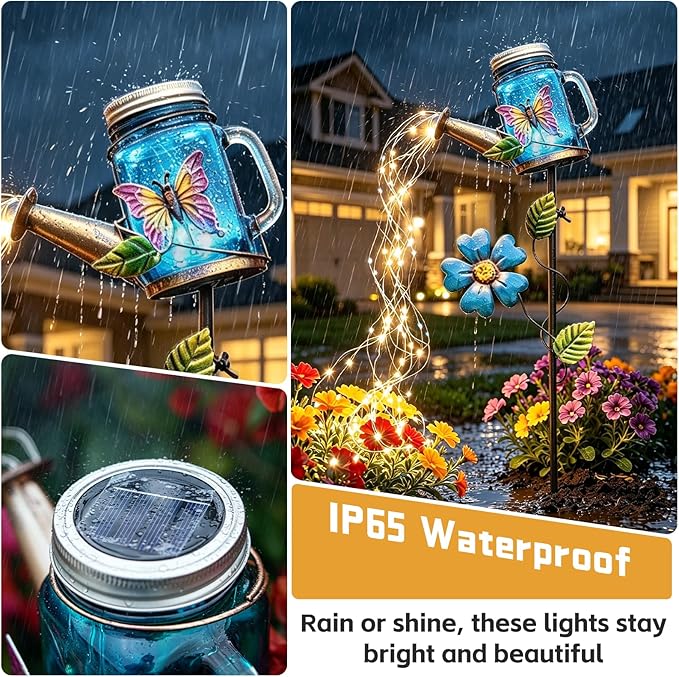 SRNPMIU Solar Watering Can Light, Yard Outdoor Decor Lights, IP65 Waterproof, Hanging Butterfly Garden Light, Outside Garden Flower Bed Decor, Women Gift, Birthday Gifts