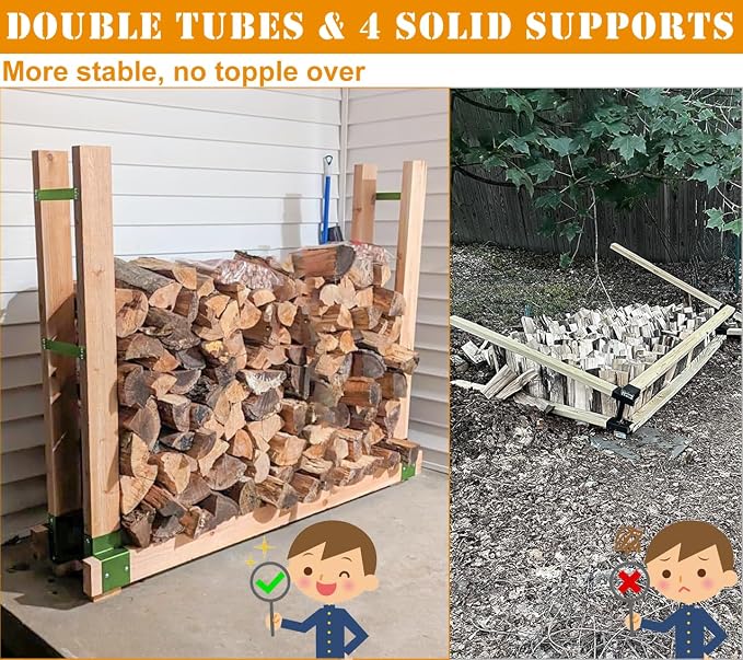Outdoor Firewood Rack Brackets Kit for Fire Wood Pile Storage, Adjustable log stacking Stand Holder for 2x4 lumber, Green, Set of 2