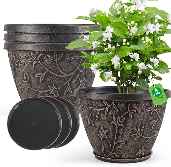 Nooulap 12 Inch Pots for Plants with Drainage, Large Plastic Flower Pots Outdoor Indoor, Decorative Planters with Gold Flower Pattern for Home, Porch, Balcony & Garden (Retro Brown)
