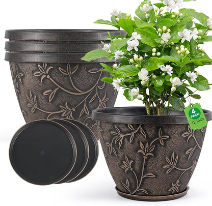 Nooulap 12 Inch Pots for Plants with Drainage, Large Plastic Flower Pots Outdoor Indoor, Decorative Planters with Gold Flower Pattern for Home, Porch, Balcony & Garden (Retro Brown)