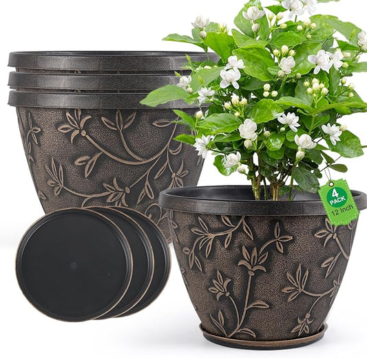 Nooulap 12 Inch Pots for Plants with Drainage, Large Plastic Flower Pots Outdoor Indoor, Decorative Planters with Gold Flower Pattern for Home, Porch, Balcony & Garden (Retro Brown)