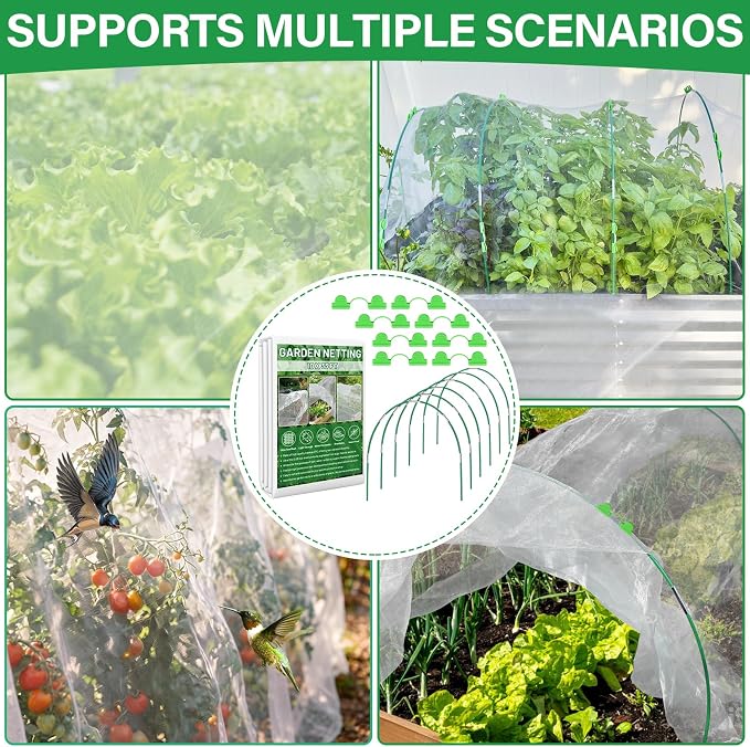 Garden Mesh Netting Kit for Raised Beds, 10x33FT Ultra Fine Mesh Netting&6 Sets 8FT Fiberglass Garden Hoops, Insect Netting Row Cover, Pest Barrier Protection for Vegetable Fruits Flowers
