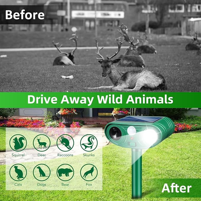 Solar Animal Repeller Outdoor 4 Pack, Motion Activated Deer Deterrent | Motion Activated Cat Repellent with LED Strobe Light Repeller Keep Squirrel Raccoon Skunk Rabbit Away from Yard Garden Farm