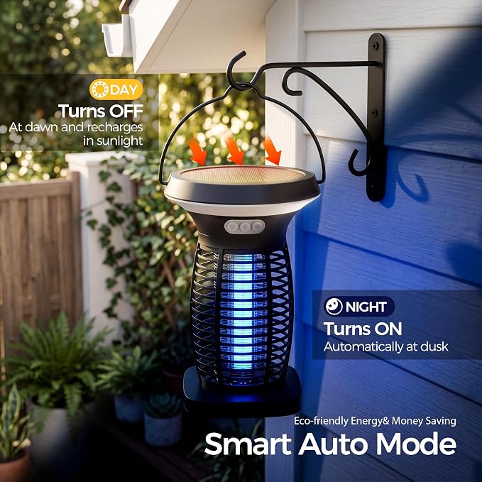 Solar Bug Zapper Outdoor, UV Mosquito and Fly Zapper with Auto Mode, Rechargeable Cordless Electric Insect Trap, Waterproof Bug Light for Patio Backyard Porch Camping
