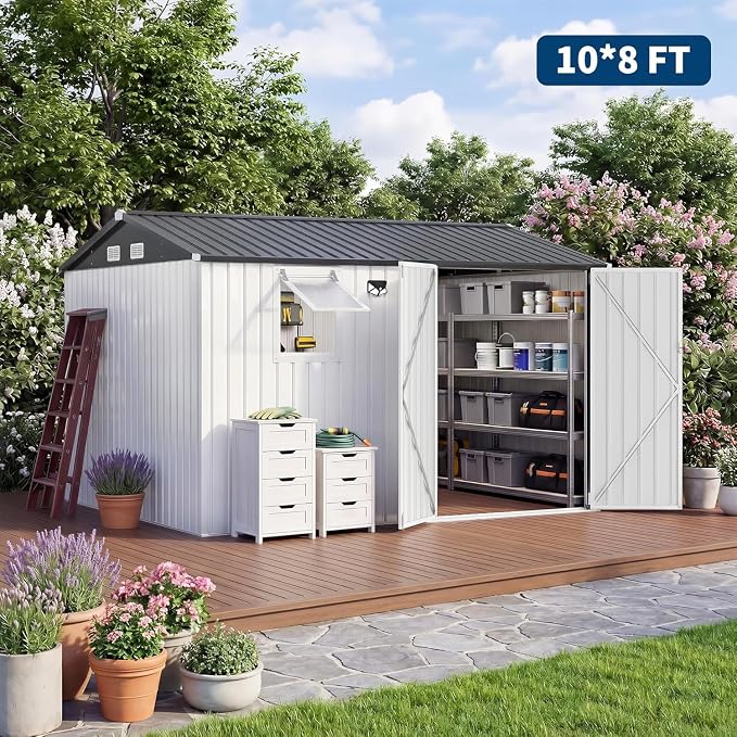 Garvee 10x8 FT Heavy-Duty Metal Outdoor Storage Shed with Solar Light | Motion Sensor Light, Window, Pegboard Tool Organizer, Lockable Doors, 4 Air Vents for Garden Patio Backyard Garage