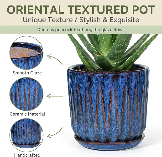 10 Inch Ceramic Planter Pot with Saucer Drainage Leak-Proof Mesh,Flower Pots for Indoor Plants with Gardening Gloves,Ceramic Planter(Peacock-Blue)