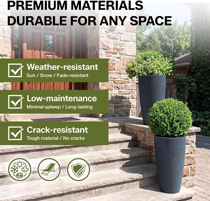 ZMTECH 2-Pack Large Tall Planters with Saucer - 6.8 Gallons /12x21 Inch Faux Stone Finish Round Flower Pots for Indoor Plants, Outdoor Patio & Porch Decor, Unbreakable Plant Containers (Dark Gray)