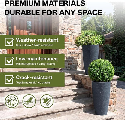 ZMTECH 2-Pack Large Tall Planters with Saucer - 6.8 Gallons /12x21 Inch Faux Stone Finish Round Flower Pots for Indoor Plants, Outdoor Patio & Porch Decor, Unbreakable Plant Containers (Dark Gray)