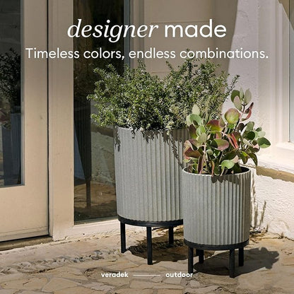 Veradek Demi Series Round Planter w/ Stand for Porch/Patio | Durable Plastic-Concrete & Wooden Stand | Modern Décor for Tall Plants, Flowers