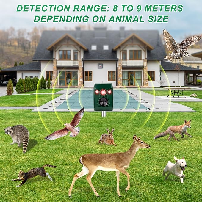 Ultrasonic Pest Repellent,Solar Animal Repeller,Outdoor Cat Repellent,Bird Repellent,Deer Repellent.Dog,Raccoon,Squirrel Repellent,Motion Activated LED Flashing Light Alarm Sound Animal Repellent