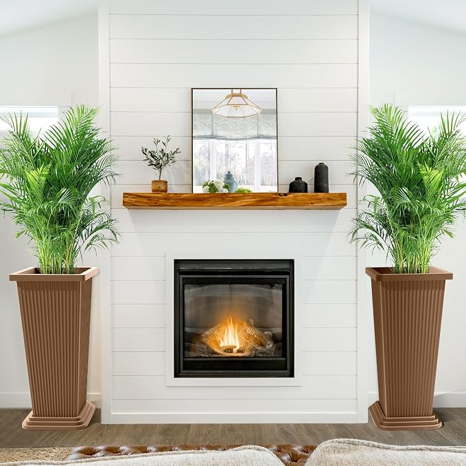FENCY Set of 2 Tall Planters for Outdoor Plants, Brown Ribbed | 24 Inch, with Drainage Hole & Trays, Plastic Tapered Pots, Weather-Resistant, Front Door Decor