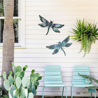 LIFFY Glass Metal Dragonfly Wall Decor Pair - Outdoor Wall Art for Garden and Home - Hanging Decor Gifts for Women, Light Blue