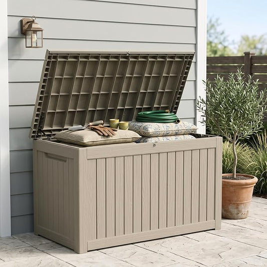 Outdoor Storage Box, 270 Gallon Waterproof Deck Box [Upgraded 3.1], Giant Resin Storage for Large Cushions, Heavy Duty Outside Lockable Bench Seat, Large Backyard Party, Grey
