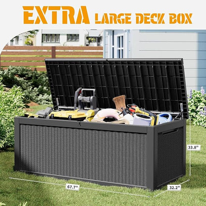 NUNU LAB Outdoor Storage Box, 320 Gallon Deck Box, Resin Waterproof Outside Storage Bench, Outdoor Storage Cabinet With Lockable Lid, Backyard Deck Box For Garden Tools, Patio Cushions, Black