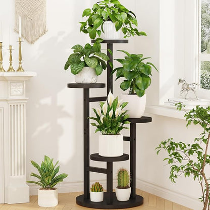 LASZOLA 4 Tiered Wood Plant Stand Indoor Corner, Flower Holder Rack Tall for Multiple Plants, Rustic Planter Shelf Display for Patio Garden Balcony Living Room, Black