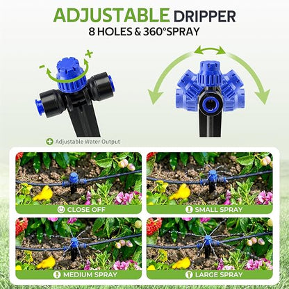 HIRALIY 50FT Garden Drip Irrigation Kit, Automatic Watering System with 5-Way Connector, Quick Connectors, Adjustable Drippers, Raised Bed, Patio