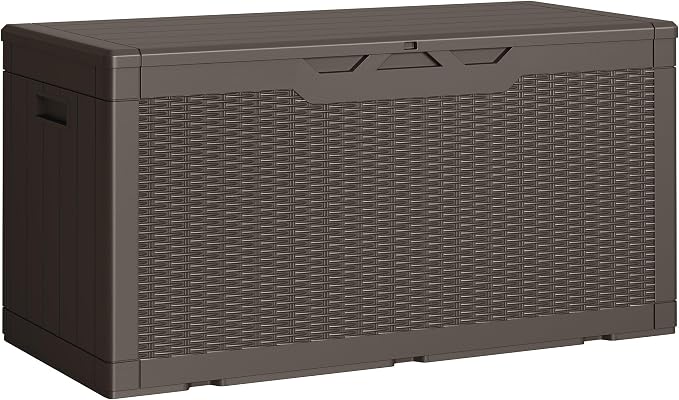 Greesum Outdoor Storage Box 100 Gallon Storage Bin with Lid for Patio Furniture, Garden Tools, Pool Supplies, Lockable, Waterproof and UV Resistant, Dark Brown