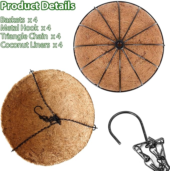LCHUANG Hanging Baskets Planter for Plants - 4 Pack 10 Inch Metal Baskets with Coco Coir Liner, Hanging Flower Pots for Outside with Chain, Indoor Outdoor Garden Porch Decoration (10'' Pack of 4)