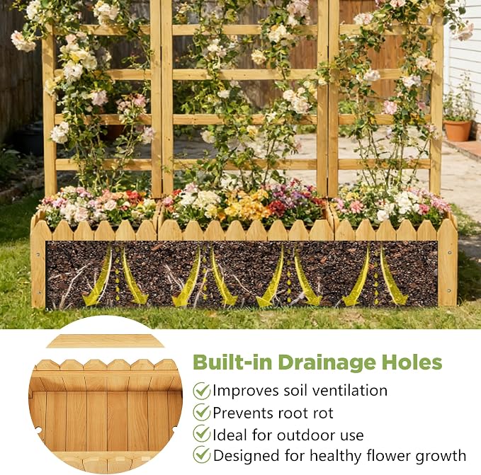 Outdoor Privacy Screen with Planter Box, 3-Panel Folding Wooden Trellis Planter, Freestanding Raised Bed for Climbing Plants, Solid Wood Divider with Drain Holes for Patio, Balcony & Backyard