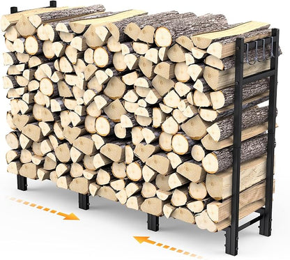 Firewood Rack Outdoor, 44.7" x 9.8" x 31.5", Black | Adjustable Wood Holder, 4 Hooks, Heavy Duty Log Rack, Indoor/Outdoor Firewood Storage