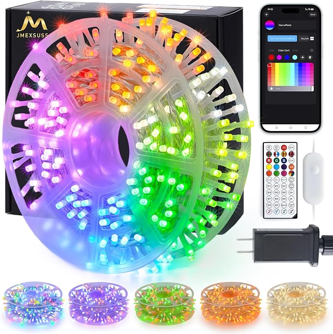 JMEXSUSS 600 LED RGB String Light Outdoor Indoor, Christmas Lights Outdoor Clear Wire Christmas Lights Plug in for Bedroom Tree Room Party Birthday Decorations