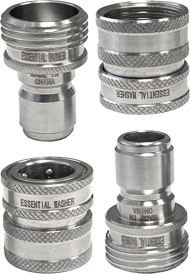Essential Washer ¾” Stainless Steel Garden Hose Quick Connect Fittings | Plug & Coupler Set of 2
