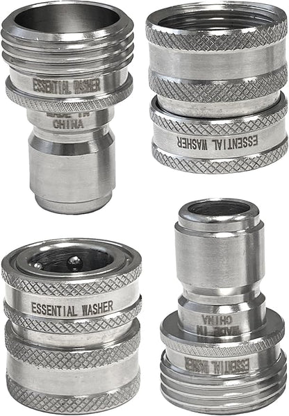 Essential Washer ¾” Stainless Steel Garden Hose Quick Connect Fittings | Plug & Coupler Set of 2