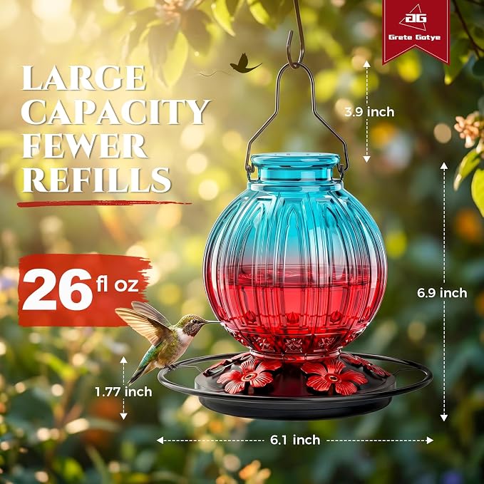 Glass Hummingbird Feeder for Outdoors Hanging, 26Oz Bird Nectar Feeder with Perch & 5 Flower Feeding Ports, Leak Proof for Outside Garden Decor Backyard, Gifts for Women Mom, Blue & Red