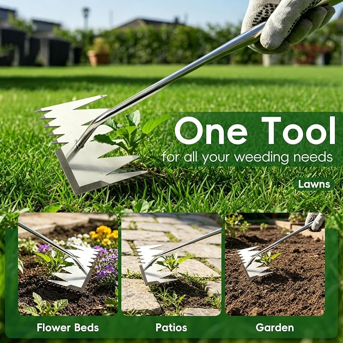 Weed Puller Tool,Newly Upgraded 6 Teeth Portable Manual Weeding Tools Gardening, Dual Head Stainless Steel Hand Garden Weeding Rake,Multi-Purpose 17.7" Weed Remover Tool Weeding Tools for Gardening