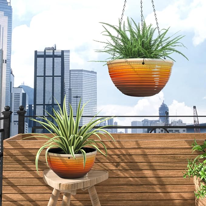 Vanslogreen 2 Pack Hanging Planters for Indoor Outdoor Plants, 10 Inch Hanging Planter with Drainage Hole & Plug Glazed Hanging Baskets Flower Pots for Garden Home, Orange
