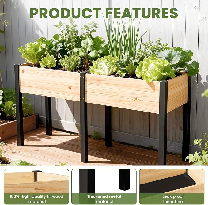 SUNYRISY Dual Wooden Raised Garden Bed Outdoor with Metal Legs for Gardening, 71" L x 23.6" W x 31.5" Elevated Planter Garden Box Raised Bed for Vegetable Flower Herb