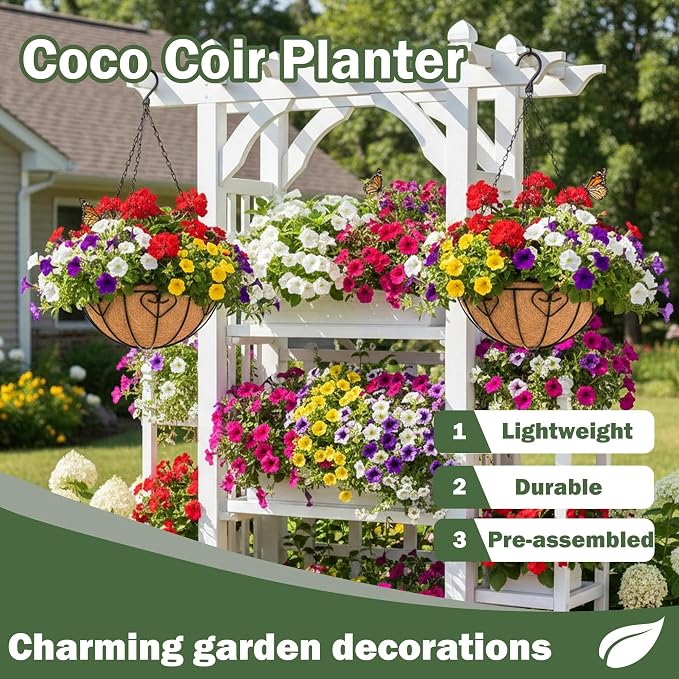4 Pack 10 Inch Hanging Baskets for Plants Outdoor Metal Hanging Planter Basket with Coco Coir Liner Hanging Flower Pots Holder for Garden, Patio(Modern)