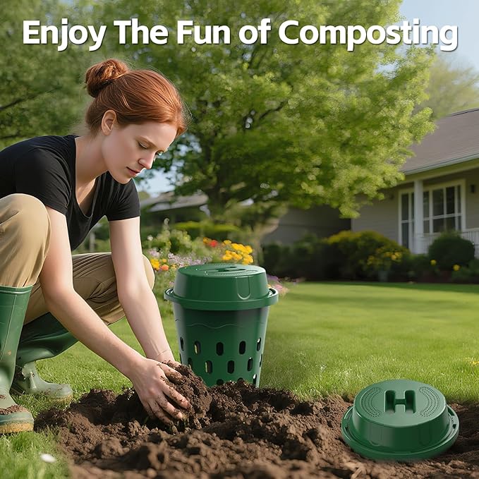 4-Pack Inground Worm Composter, 8L Outdoor Worm Farm, Worm Compost Bin for Garden Beds & Home Use, Vermicomposting Bin for Recycling Food Waste (9.5x9.5x10.8Inch), Green